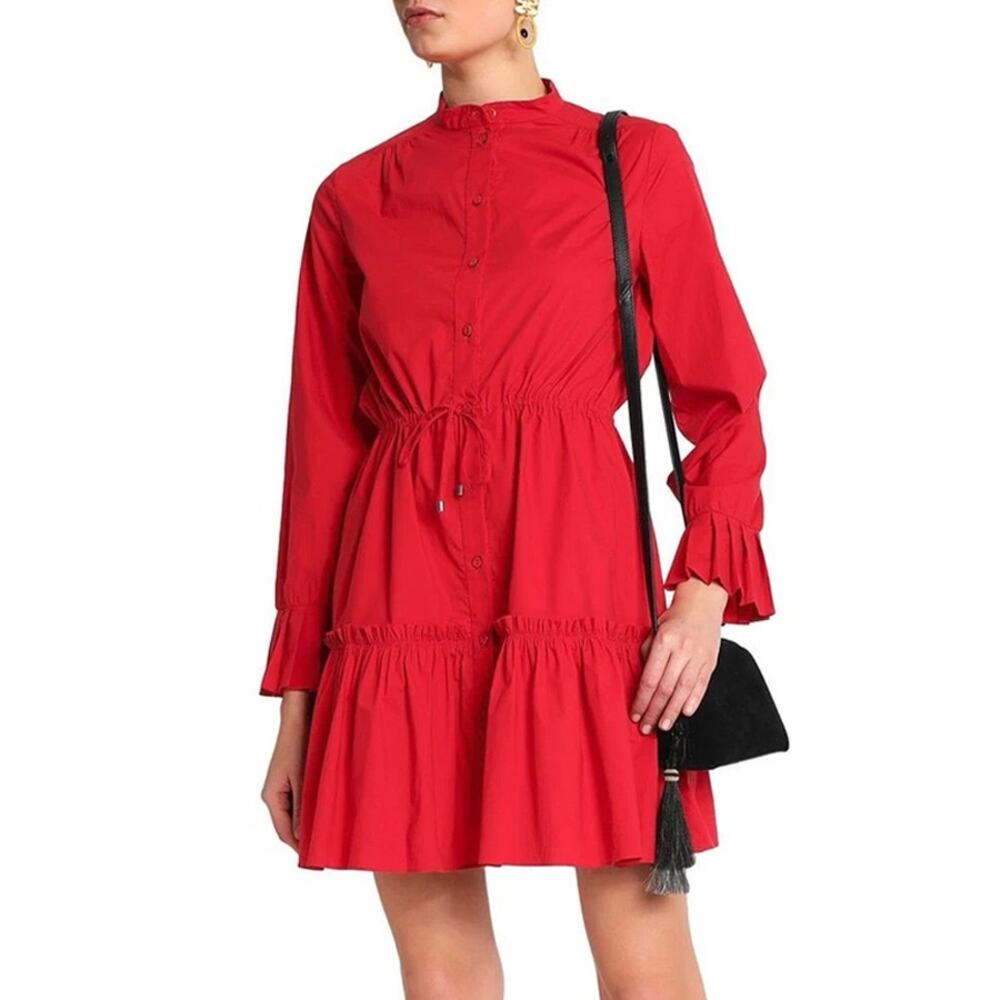 Saloni Red Cotton Poplin Button Down Tiered Mini Dress Size US 8